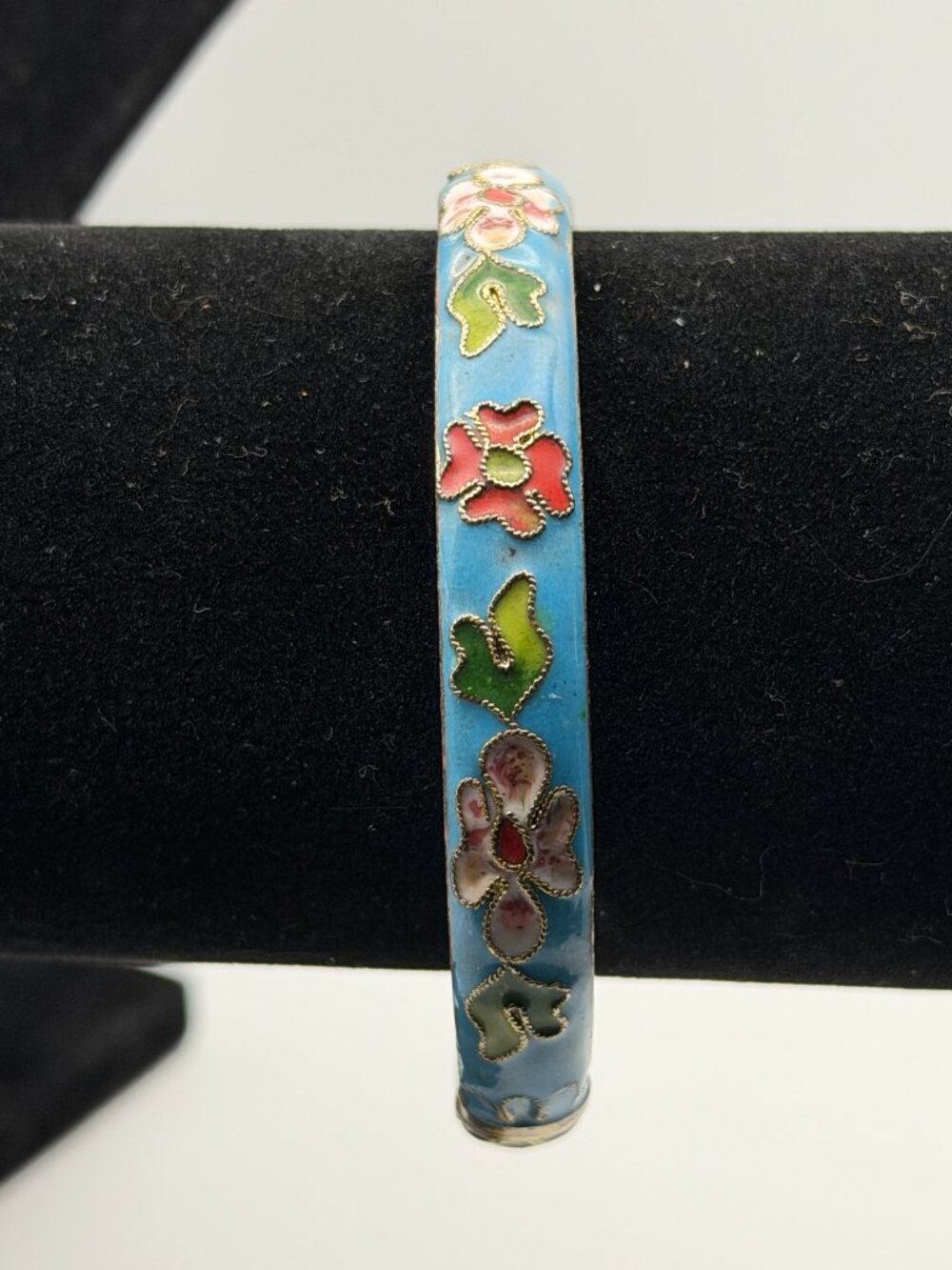 VTG Cloisonné Bracelet Bangle Cobalt Blue Enamel Gold Floral Hinged 3"